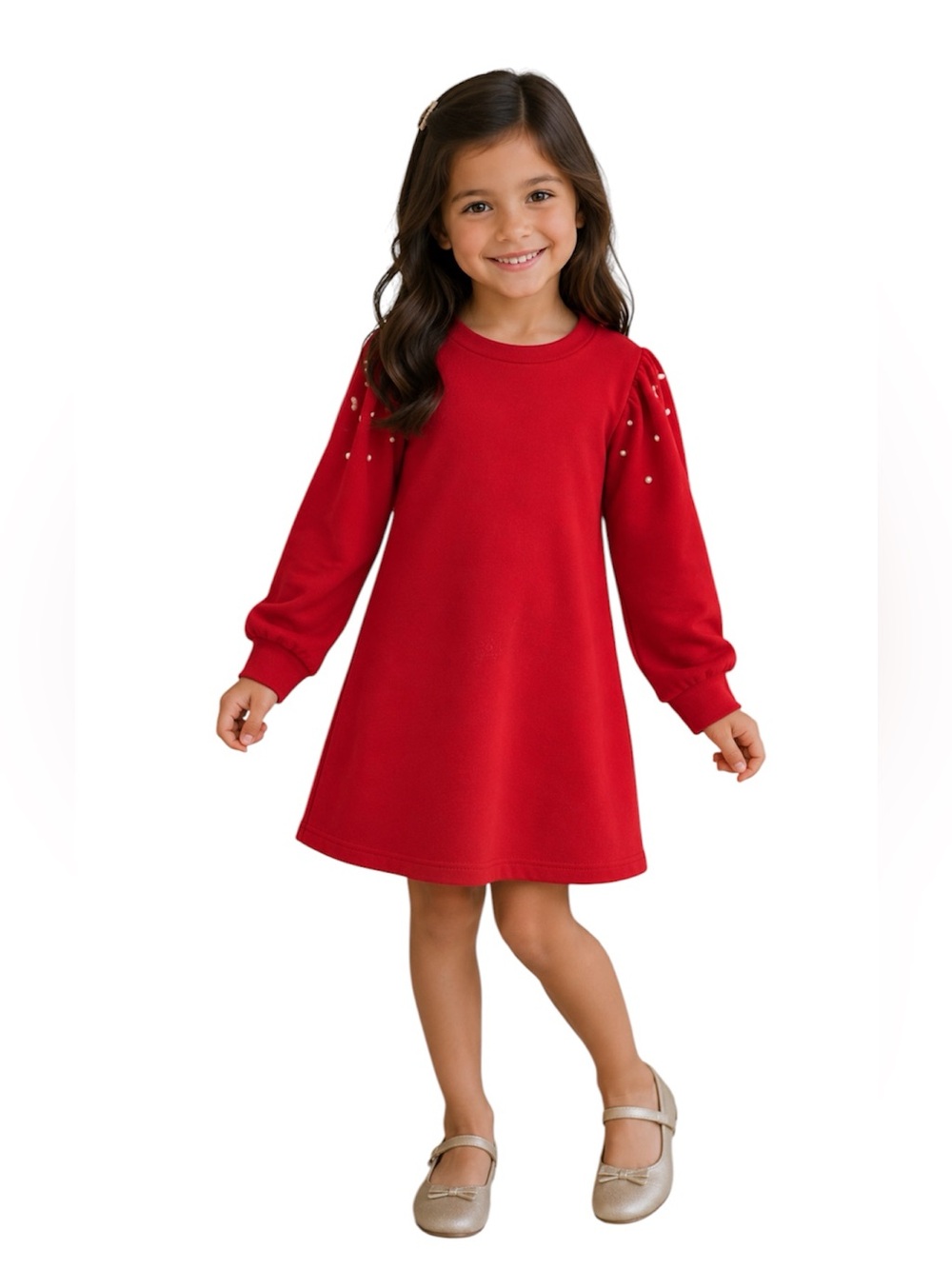 Girl’s Sz 7 Long Puff Sleeve Round Neck Dress With Pearl Details Textured Fancy